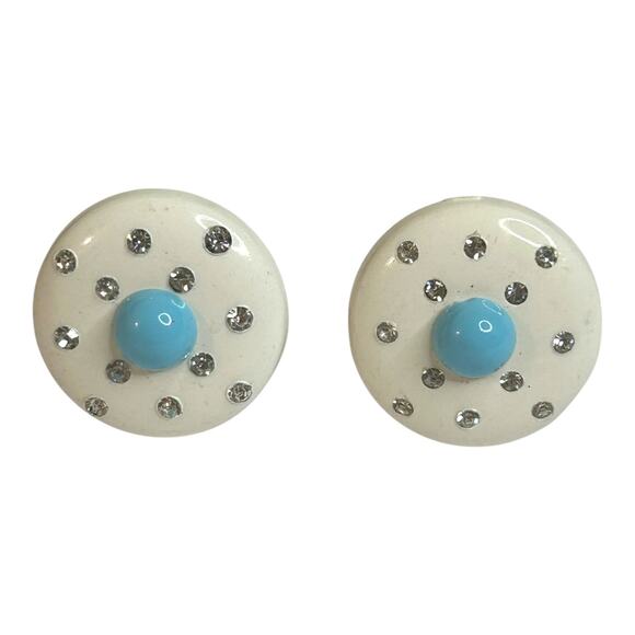 Vintage Celluloid White Light Blue Rhinestone Accents Round Clip On Earrings - Picture 4 of 4